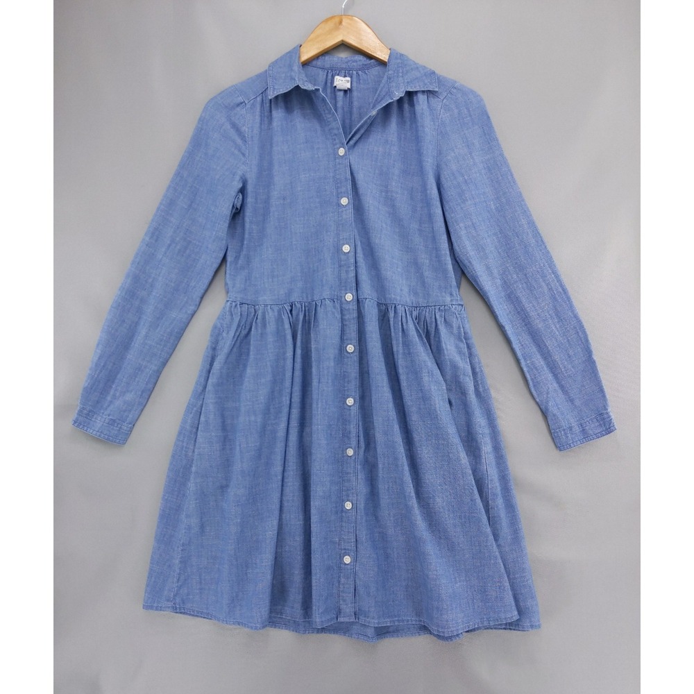 J.Crew Shirtdress Women 0 Blue Chambray Long Sleeve Gathered Waist Pockets